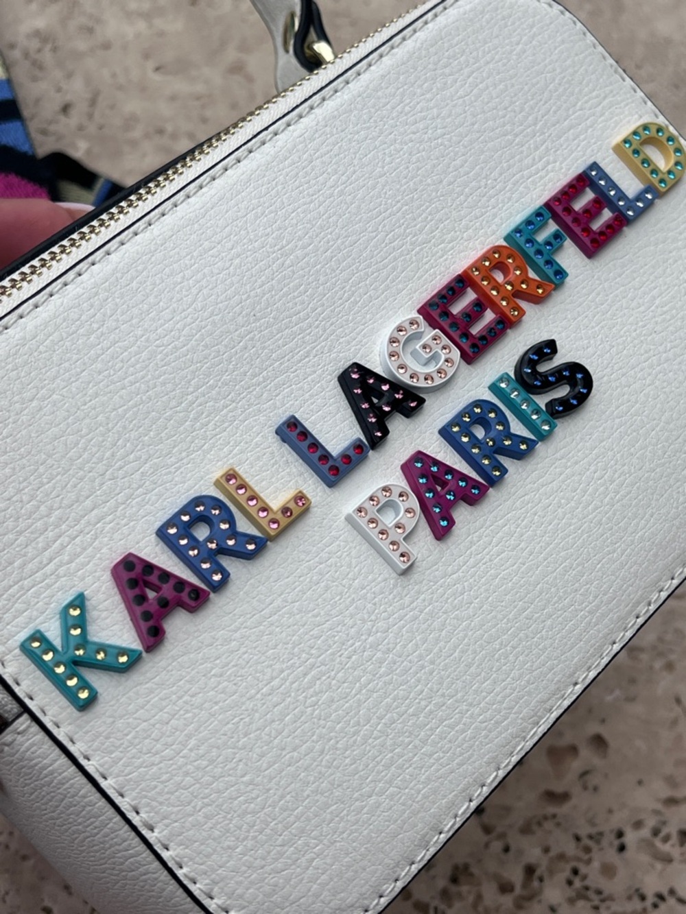 NWT Karl Lagerfeld White Multicolor Leather Logo Crossbody/Lunchbox/Camera